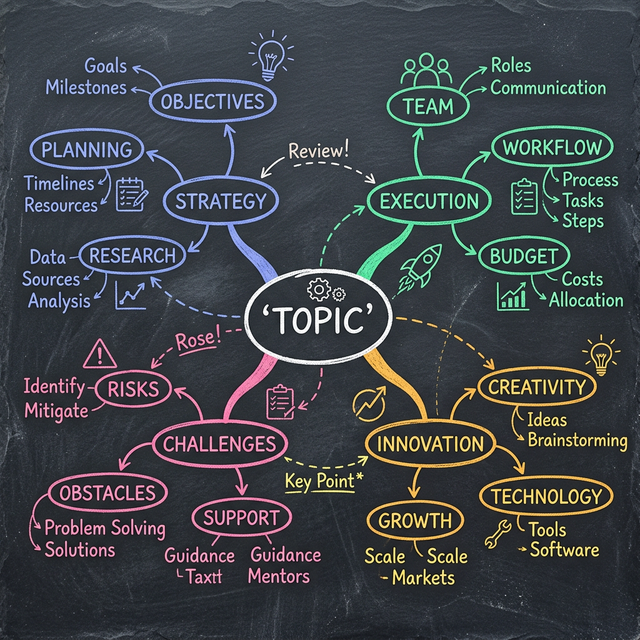 A mind map diagram showing a central topic with branches radiating outward to key ideas, examples, questions, evidence, connections and details